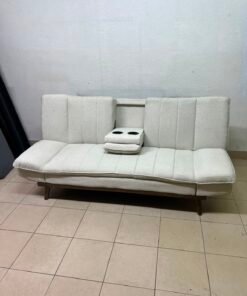 Mid-Century Modern Cream/Off-White Convertible Futon Sofa Bed – Vertical Tufted Backrest, Tapered Wood Legs & Removable Cup Holder Armrests