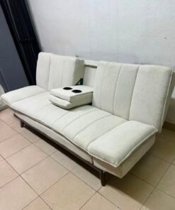 Mid-Century Modern Cream/Off-White Convertible Futon Sofa Bed – Vertical Tufted Backrest, Tapered Wood Legs & Removable Cup Holder Armrests - Image 2