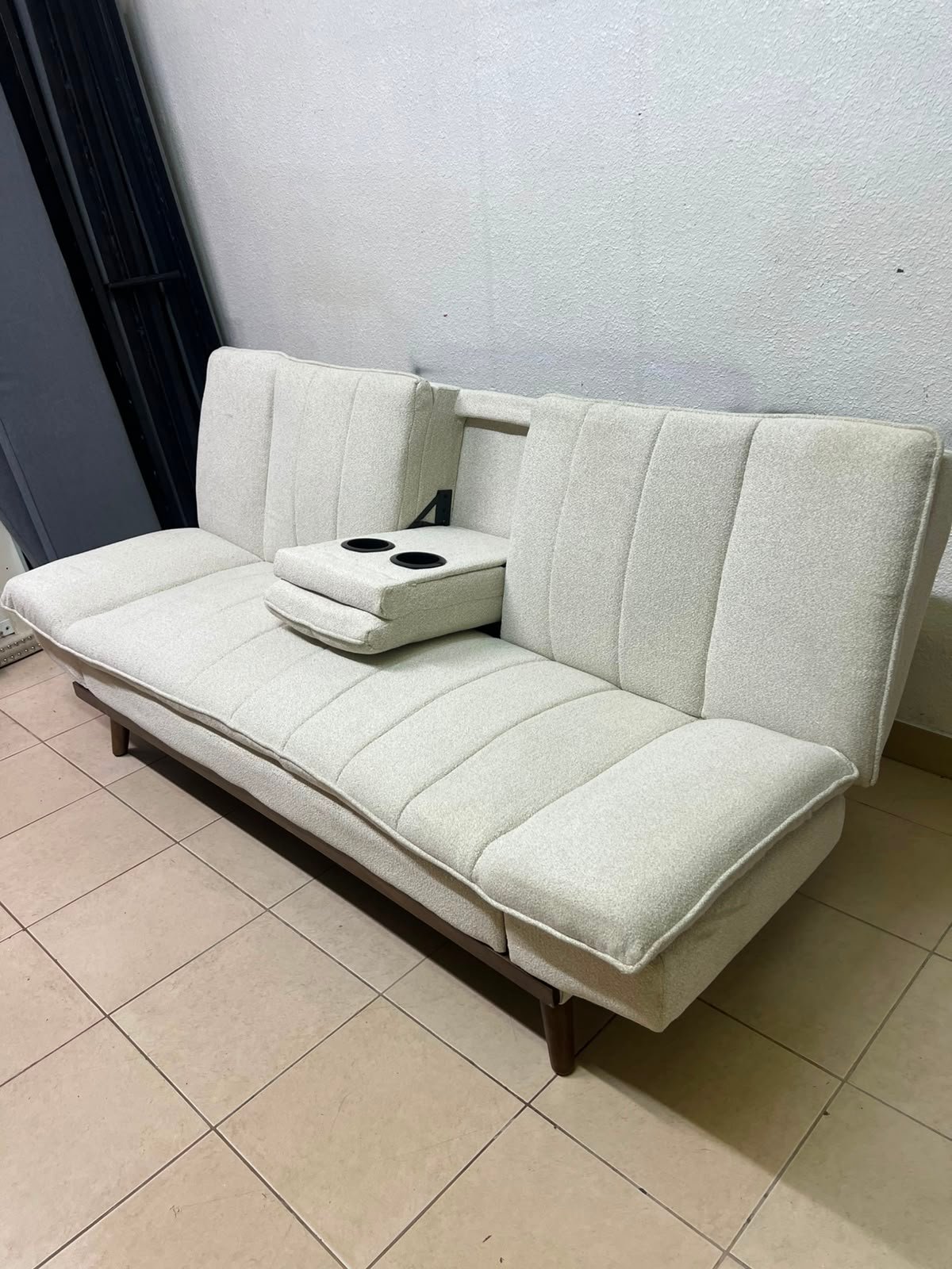 Mid-Century Modern Cream/Off-White Convertible Futon Sofa Bed – Vertical Tufted Backrest, Tapered Wood Legs & Removable Cup Holder Armrests - Image 2