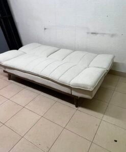 Mid-Century Modern Cream/Off-White Convertible Futon Sofa Bed – Vertical Tufted Backrest, Tapered Wood Legs & Removable Cup Holder Armrests - Image 9