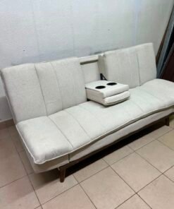 Mid-Century Modern Cream/Off-White Convertible Futon Sofa Bed – Vertical Tufted Backrest, Tapered Wood Legs & Removable Cup Holder Armrests - Image 10