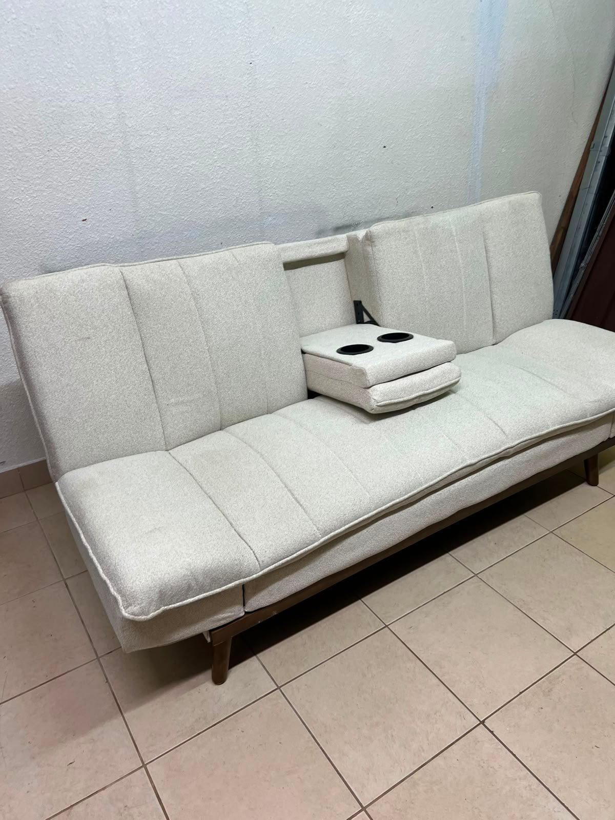 Mid-Century Modern Cream/Off-White Convertible Futon Sofa Bed – Vertical Tufted Backrest, Tapered Wood Legs & Removable Cup Holder Armrests - Image 10