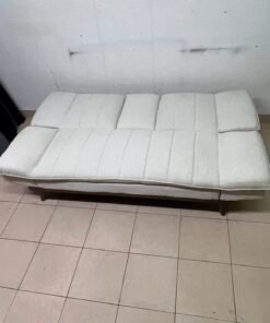 Mid-Century Modern Cream/Off-White Convertible Futon Sofa Bed – Vertical Tufted Backrest, Tapered Wood Legs & Removable Cup Holder Armrests - Image 11