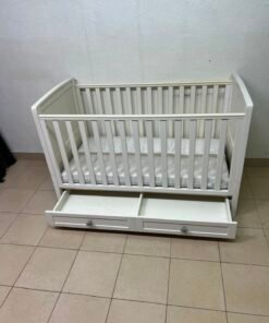 Classic White Wooden Baby Cot / Crib with Under-Bed Storage Drawer & Mattress – Slatted Side Panels with Grey Round Knobs - Image 7