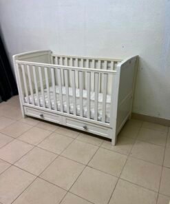 Classic White Wooden Baby Cot / Crib with Under-Bed Storage Drawer & Mattress – Slatted Side Panels with Grey Round Knobs - Image 8