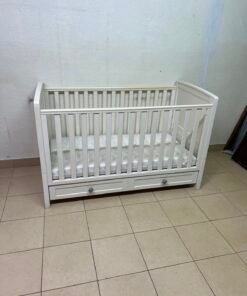 Classic White Wooden Baby Cot / Crib with Under-Bed Storage Drawer & Mattress – Slatted Side Panels with Grey Round Knobs - Image 10