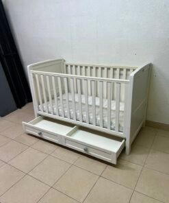 Classic White Wooden Baby Cot / Crib with Under-Bed Storage Drawer & Mattress – Slatted Side Panels with Grey Round Knobs - Image 11