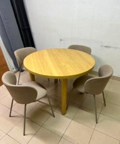 5-Piece Modern Scandinavian Dining Set – Round Light Oak Table with Chunky Legs & 4 Taupe/Grey Upholstered Chairs with Metal Legs - Image 3