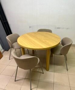 5-Piece Modern Scandinavian Dining Set – Round Light Oak Table with Chunky Legs & 4 Taupe/Grey Upholstered Chairs with Metal Legs