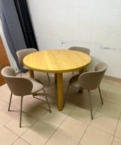 5-Piece Modern Scandinavian Dining Set – Round Light Oak Table with Chunky Legs & 4 Taupe/Grey Upholstered Chairs with Metal Legs - Image 5