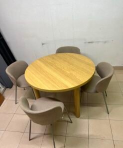 5-Piece Modern Scandinavian Dining Set – Round Light Oak Table with Chunky Legs & 4 Taupe/Grey Upholstered Chairs with Metal Legs - Image 6