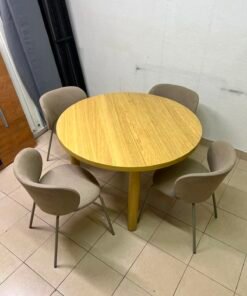 5-Piece Modern Scandinavian Dining Set – Round Light Oak Table with Chunky Legs & 4 Taupe/Grey Upholstered Chairs with Metal Legs - Image 7