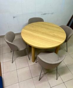 5-Piece Modern Scandinavian Dining Set – Round Light Oak Table with Chunky Legs & 4 Taupe/Grey Upholstered Chairs with Metal Legs - Image 8