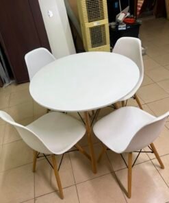 Modern 5-Piece White Dining Set – Round Table with Wood Legs & 4 Mid-Century Molded Chairs with Wood Dowel Legs & Black Metal Eiffel Cross-Bracing - Image 2