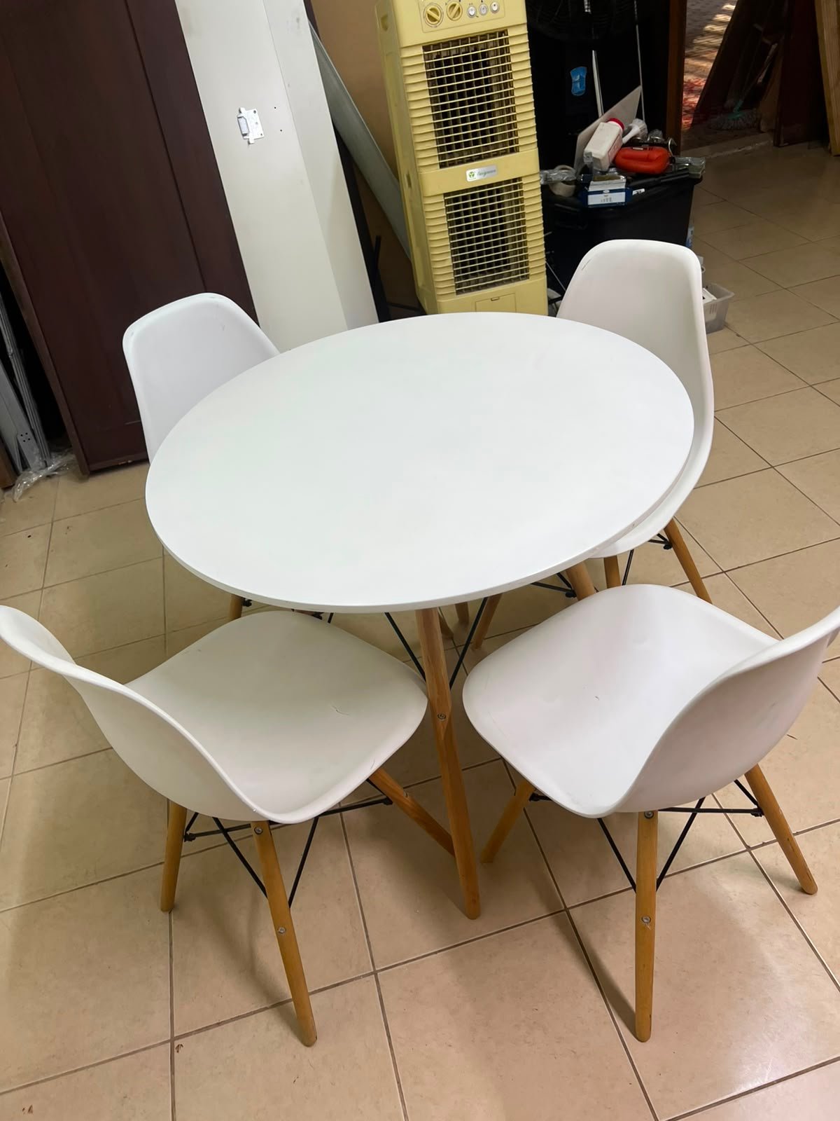 Modern 5-Piece White Dining Set – Round Table with Wood Legs & 4 Mid-Century Molded Chairs with Wood Dowel Legs & Black Metal Eiffel Cross-Bracing - Image 2