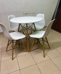 Modern 5-Piece White Dining Set – Round Table with Wood Legs & 4 Mid-Century Molded Chairs with Wood Dowel Legs & Black Metal Eiffel Cross-Bracing - Image 4