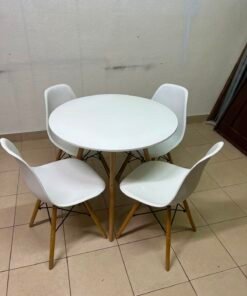 Modern 5-Piece White Dining Set – Round Table with Wood Legs & 4 Mid-Century Molded Chairs with Wood Dowel Legs & Black Metal Eiffel Cross-Bracing - Image 5