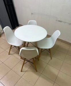 Modern 5-Piece White Dining Set – Round Table with Wood Legs & 4 Mid-Century Molded Chairs with Wood Dowel Legs & Black Metal Eiffel Cross-Bracing - Image 6