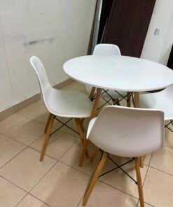 Modern 5-Piece White Dining Set – Round Table with Wood Legs & 4 Mid-Century Molded Chairs with Wood Dowel Legs & Black Metal Eiffel Cross-Bracing - Image 7