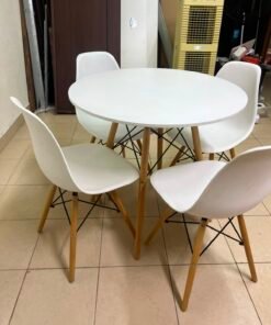 Modern 5-Piece White Dining Set – Round Table with Wood Legs & 4 Mid-Century Molded Chairs with Wood Dowel Legs & Black Metal Eiffel Cross-Bracing - Image 8