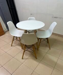 Modern 5-Piece White Dining Set – Round Table with Wood Legs & 4 Mid-Century Molded Chairs with Wood Dowel Legs & Black Metal Eiffel Cross-Bracing - Image 9
