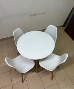 Modern 5-Piece White Dining Set – Round Table with Wood Legs & 4 Mid-Century Molded Chairs with Wood Dowel Legs & Black Metal Eiffel Cross-Bracing - Image 10