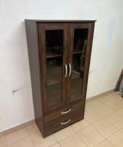 Dark Walnut Display Cabinet / Curio Cupboard – 2 Glass Doors with Interior Shelving & 2 Bottom Storage Drawers with Curved Silver Handles - Image 2