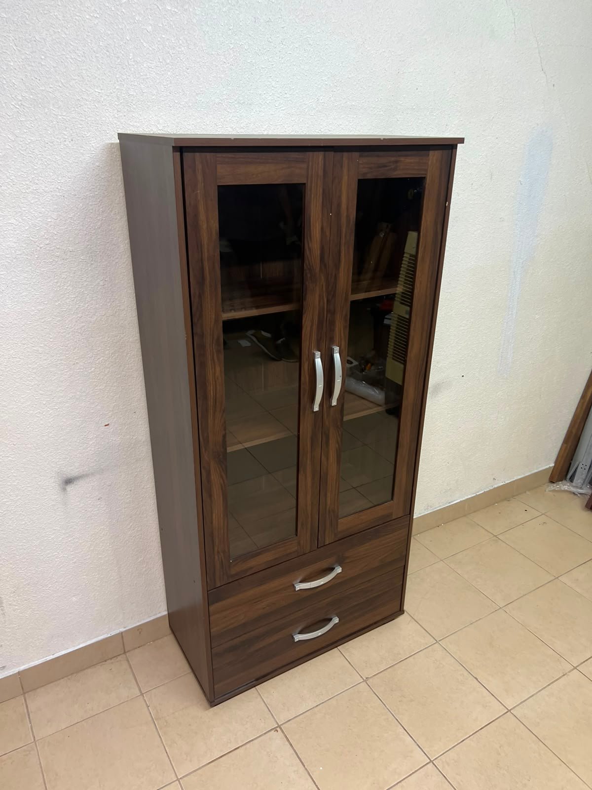 Dark Walnut Display Cabinet / Curio Cupboard – 2 Glass Doors with Interior Shelving & 2 Bottom Storage Drawers with Curved Silver Handles - Image 2
