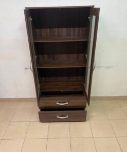 Dark Walnut Display Cabinet / Curio Cupboard – 2 Glass Doors with Interior Shelving & 2 Bottom Storage Drawers with Curved Silver Handles - Image 3