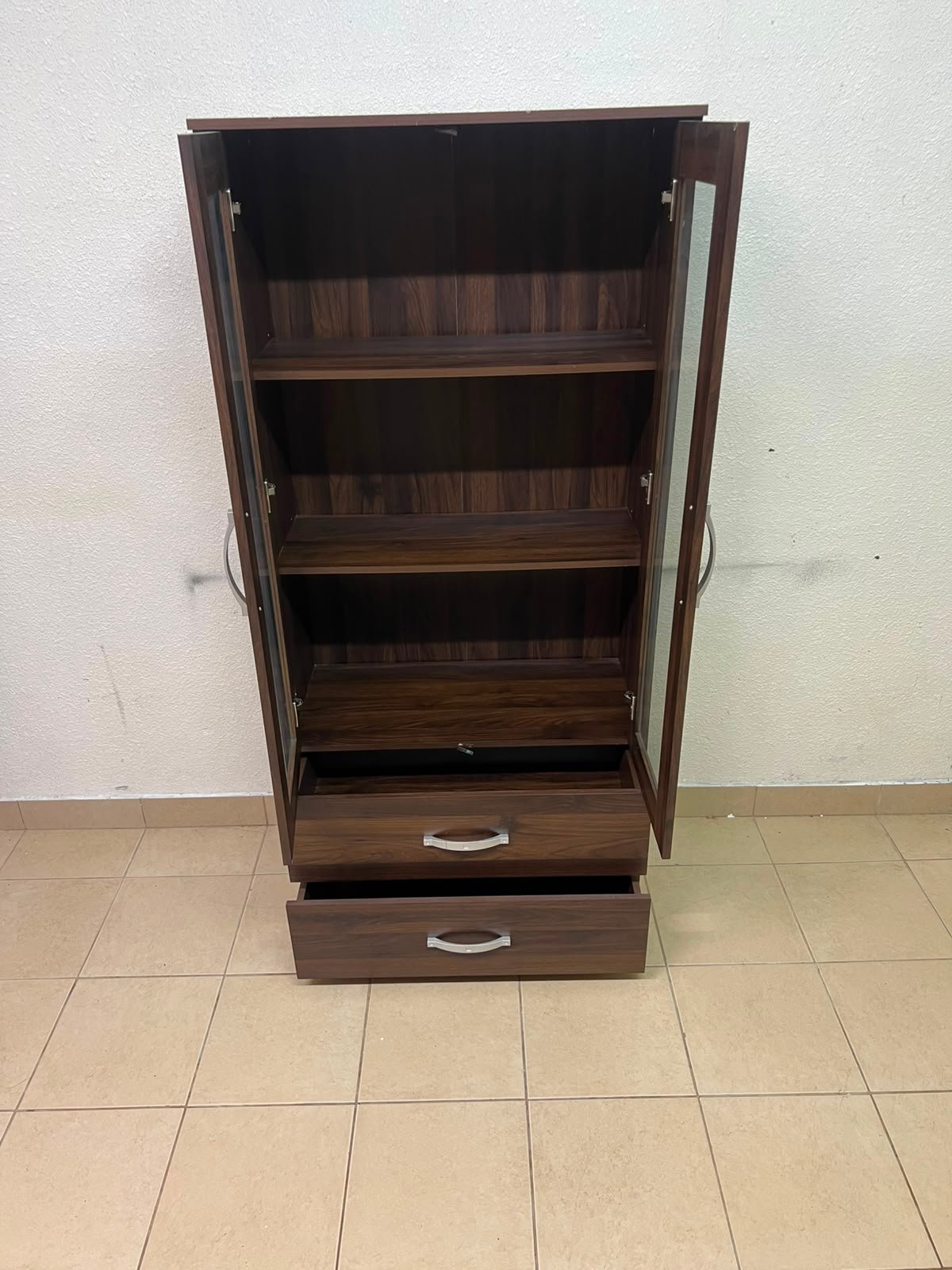 Dark Walnut Display Cabinet / Curio Cupboard – 2 Glass Doors with Interior Shelving & 2 Bottom Storage Drawers with Curved Silver Handles - Image 3
