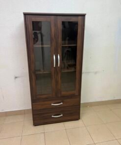 Dark Walnut Display Cabinet / Curio Cupboard – 2 Glass Doors with Interior Shelving & 2 Bottom Storage Drawers with Curved Silver Handles - Image 4