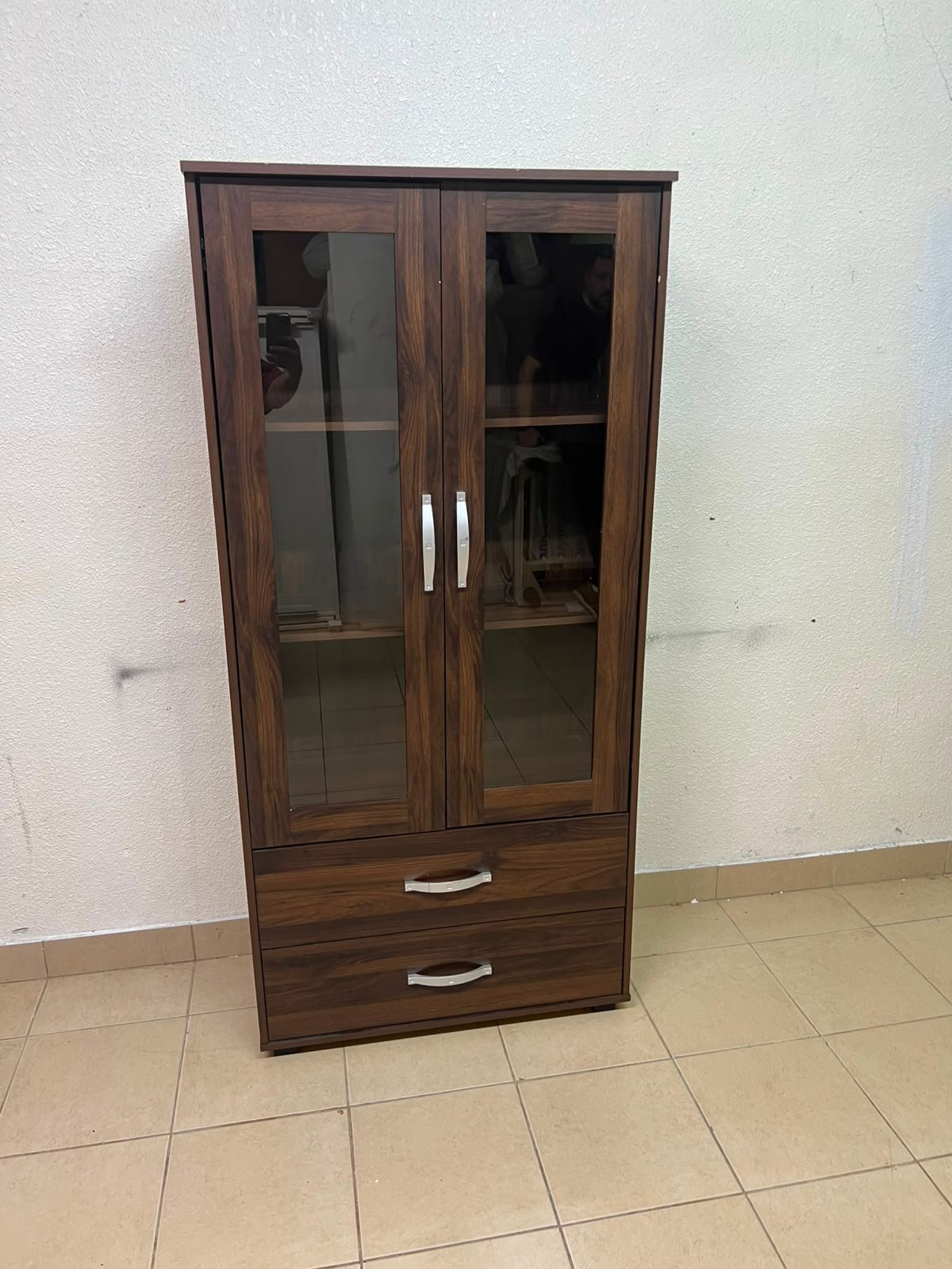 Dark Walnut Display Cabinet / Curio Cupboard – 2 Glass Doors with Interior Shelving & 2 Bottom Storage Drawers with Curved Silver Handles - Image 4