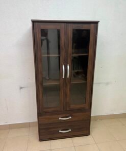 Dark Walnut Display Cabinet / Curio Cupboard – 2 Glass Doors with Interior Shelving & 2 Bottom Storage Drawers with Curved Silver Handles - Image 5