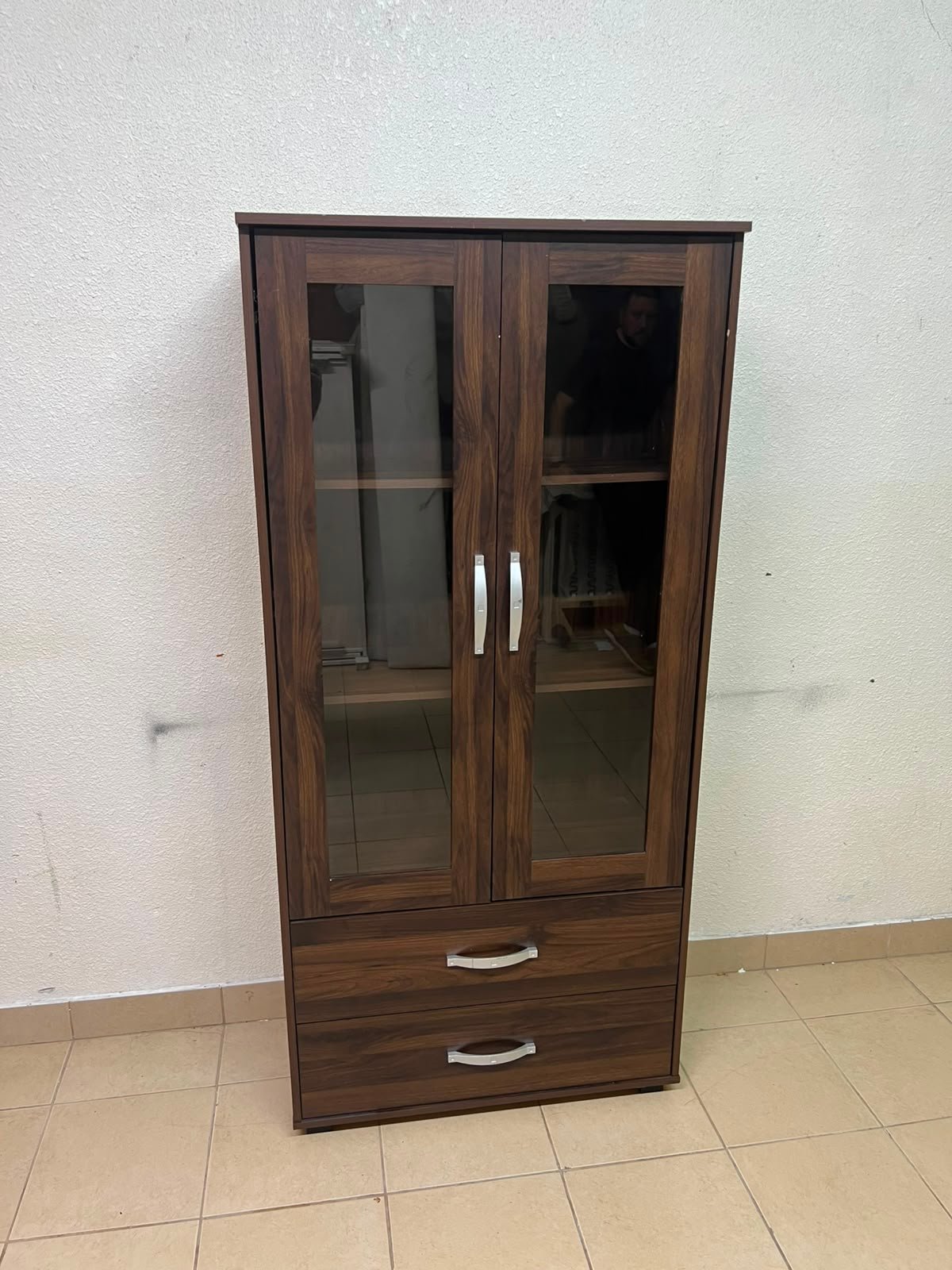 Dark Walnut Display Cabinet / Curio Cupboard – 2 Glass Doors with Interior Shelving & 2 Bottom Storage Drawers with Curved Silver Handles - Image 5
