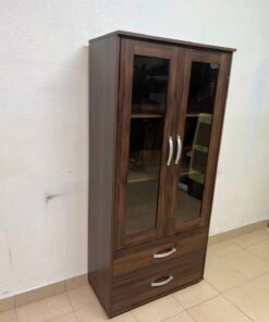 Dark Walnut Display Cabinet / Curio Cupboard – 2 Glass Doors with Interior Shelving & 2 Bottom Storage Drawers with Curved Silver Handles - Image 6