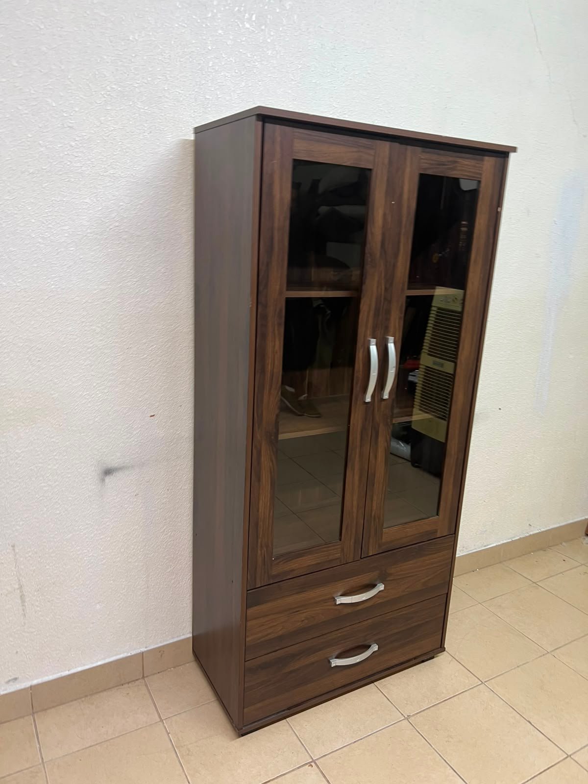 Dark Walnut Display Cabinet / Curio Cupboard – 2 Glass Doors with Interior Shelving & 2 Bottom Storage Drawers with Curved Silver Handles - Image 6