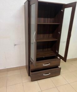 Dark Walnut Display Cabinet / Curio Cupboard – 2 Glass Doors with Interior Shelving & 2 Bottom Storage Drawers with Curved Silver Handles - Image 7