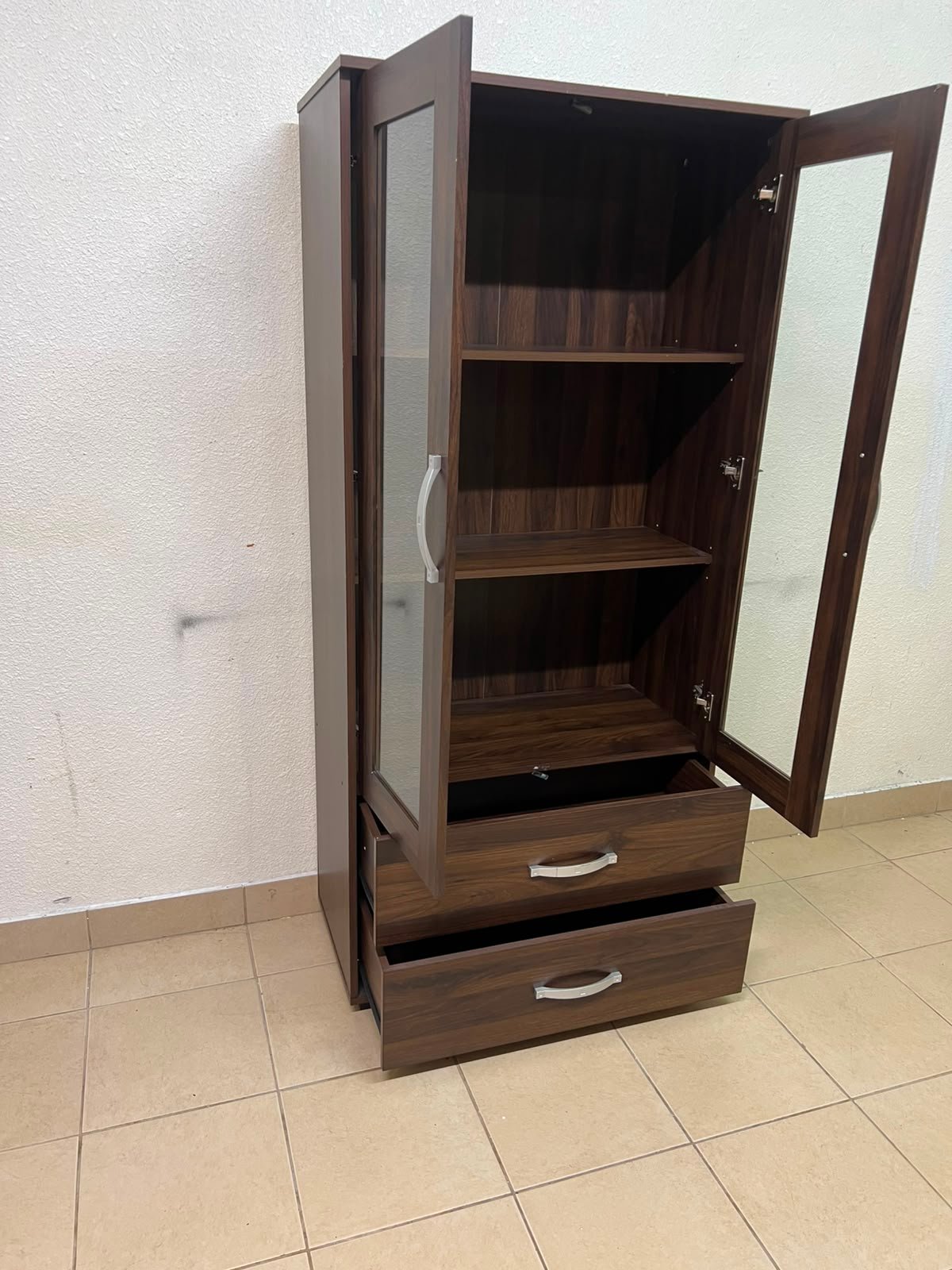 Dark Walnut Display Cabinet / Curio Cupboard – 2 Glass Doors with Interior Shelving & 2 Bottom Storage Drawers with Curved Silver Handles - Image 7