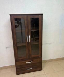 Dark Walnut Display Cabinet / Curio Cupboard – 2 Glass Doors with Interior Shelving & 2 Bottom Storage Drawers with Curved Silver Handles