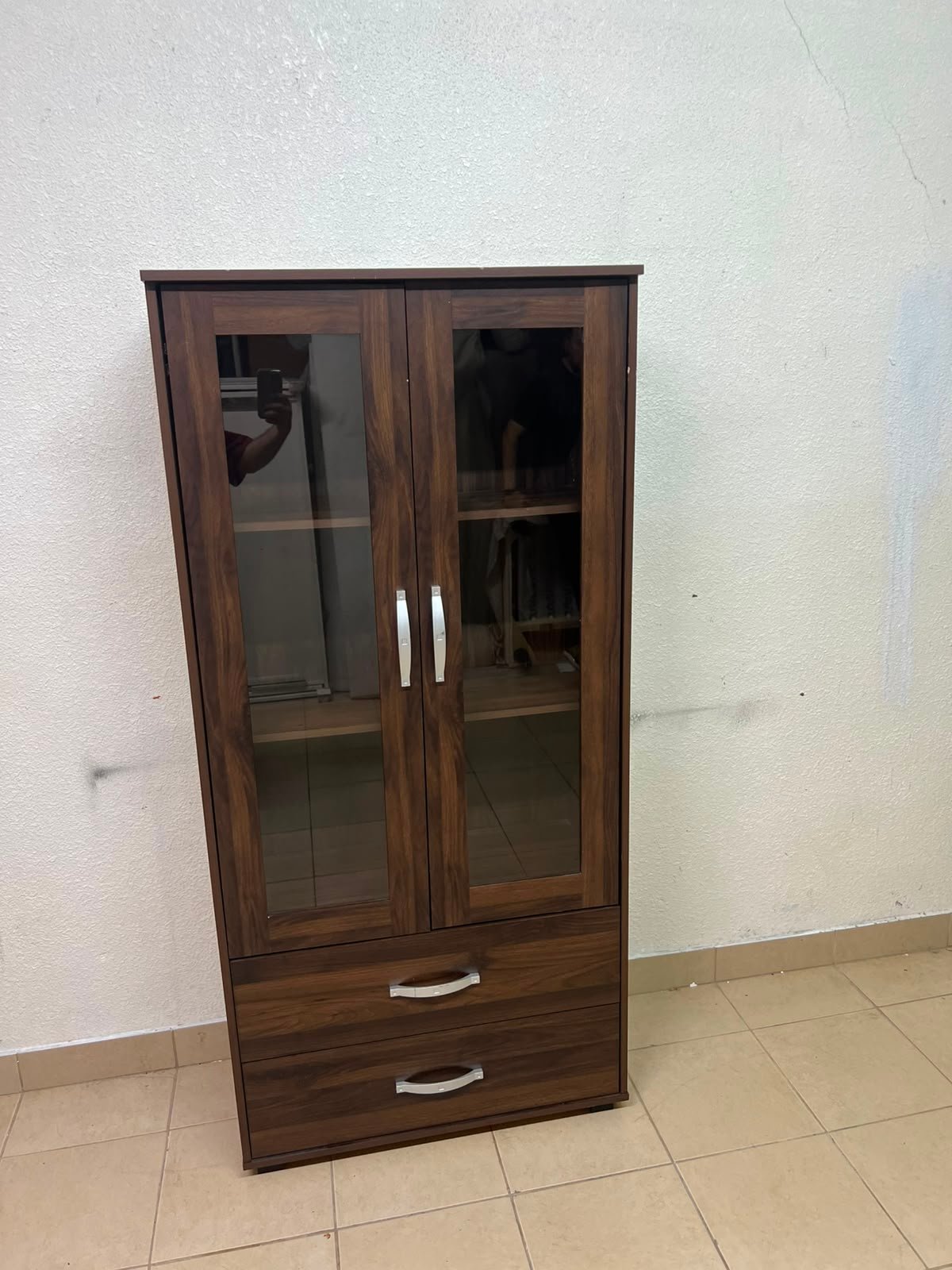 Dark Walnut Display Cabinet / Curio Cupboard – 2 Glass Doors with Interior Shelving & 2 Bottom Storage Drawers with Curved Silver Handles
