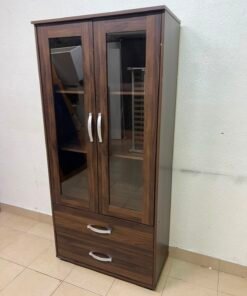 Dark Walnut Display Cabinet / Curio Cupboard – 2 Glass Doors with Interior Shelving & 2 Bottom Storage Drawers with Curved Silver Handles - Image 9