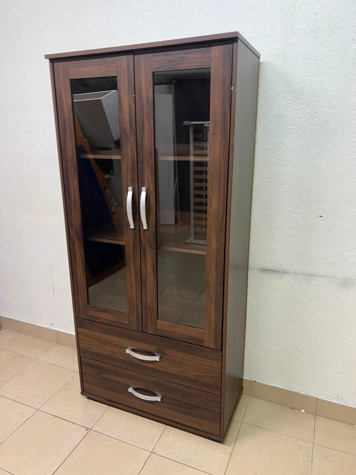 Dark Walnut Display Cabinet / Curio Cupboard – 2 Glass Doors with Interior Shelving & 2 Bottom Storage Drawers with Curved Silver Handles - Image 9