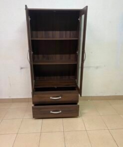 Dark Walnut Display Cabinet / Curio Cupboard – 2 Glass Doors with Interior Shelving & 2 Bottom Storage Drawers with Curved Silver Handles - Image 10