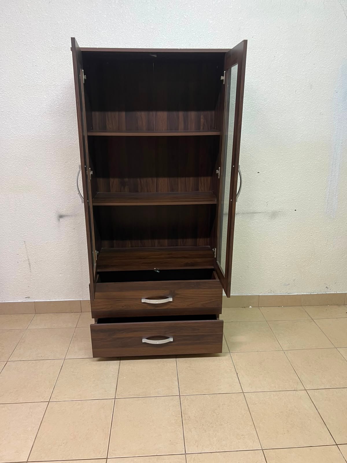 Dark Walnut Display Cabinet / Curio Cupboard – 2 Glass Doors with Interior Shelving & 2 Bottom Storage Drawers with Curved Silver Handles - Image 10