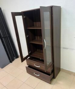 Dark Walnut Display Cabinet / Curio Cupboard – 2 Glass Doors with Interior Shelving & 2 Bottom Storage Drawers with Curved Silver Handles - Image 11