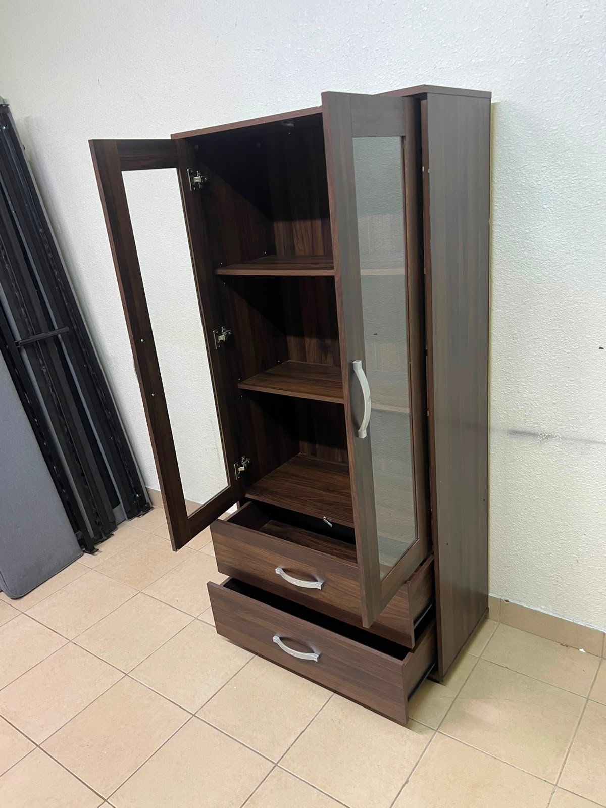 Dark Walnut Display Cabinet / Curio Cupboard – 2 Glass Doors with Interior Shelving & 2 Bottom Storage Drawers with Curved Silver Handles - Image 11