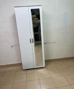 Modern White 2-Door Wardrobe with Full-Length Mirror & Light Wood Top – Tall Bedroom Armoire with Vertical Silver Handles & Black Legs - Image 2