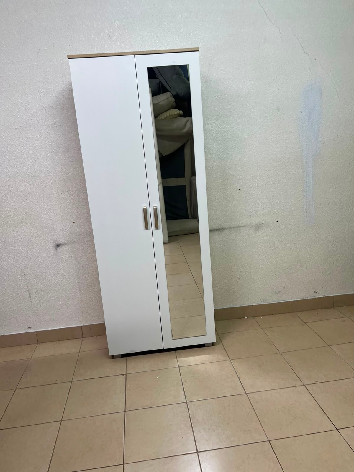 Modern White 2-Door Wardrobe with Full-Length Mirror & Light Wood Top – Tall Bedroom Armoire with Vertical Silver Handles & Black Legs - Image 2