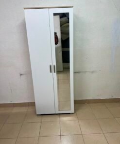 Modern White 2-Door Wardrobe with Full-Length Mirror & Light Wood Top – Tall Bedroom Armoire with Vertical Silver Handles & Black Legs - Image 3