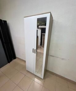 Modern White 2-Door Wardrobe with Full-Length Mirror & Light Wood Top – Tall Bedroom Armoire with Vertical Silver Handles & Black Legs - Image 4